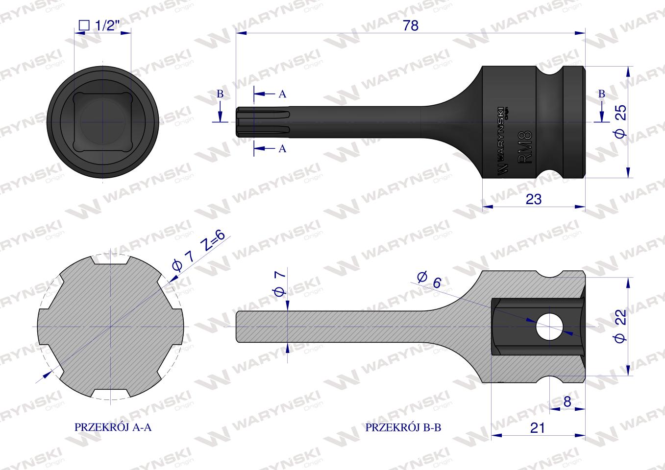 Nasadka udarowa, 1/2" ribe RM8 ze stali CrMo, Waryński