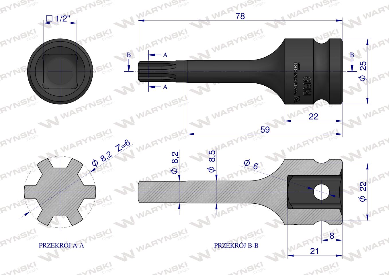 Nasadka udarowa, 1/2" ribe RM9 ze stali CrMo, Waryński