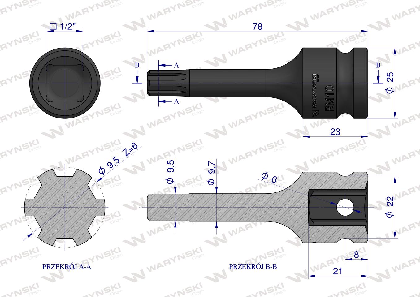 Nasadka udarowa, 1/2" ribe RM10 ze stali CrMo, Waryński