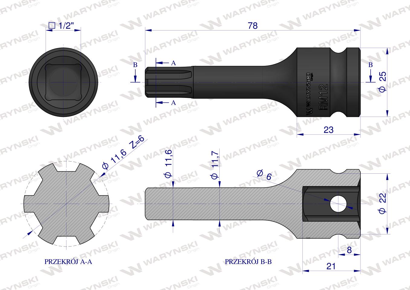 Nasadka udarowa, 1/2" ribe RM12 ze stali CrMo, Waryński