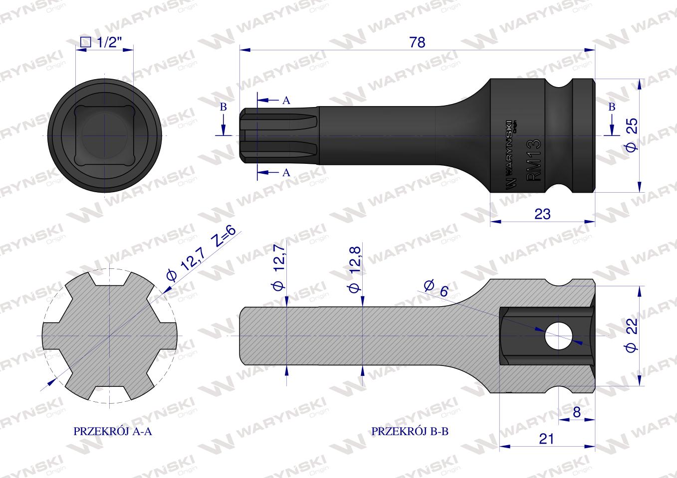 Nasadka udarowa, 1/2" ribe RM13 ze stali CrMo, Waryński