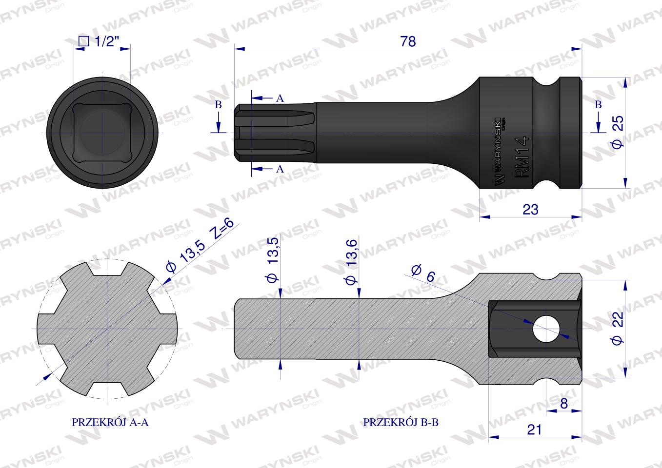 Nasadka udarowa, 1/2" ribe RM14 ze stali CrMo, Waryński