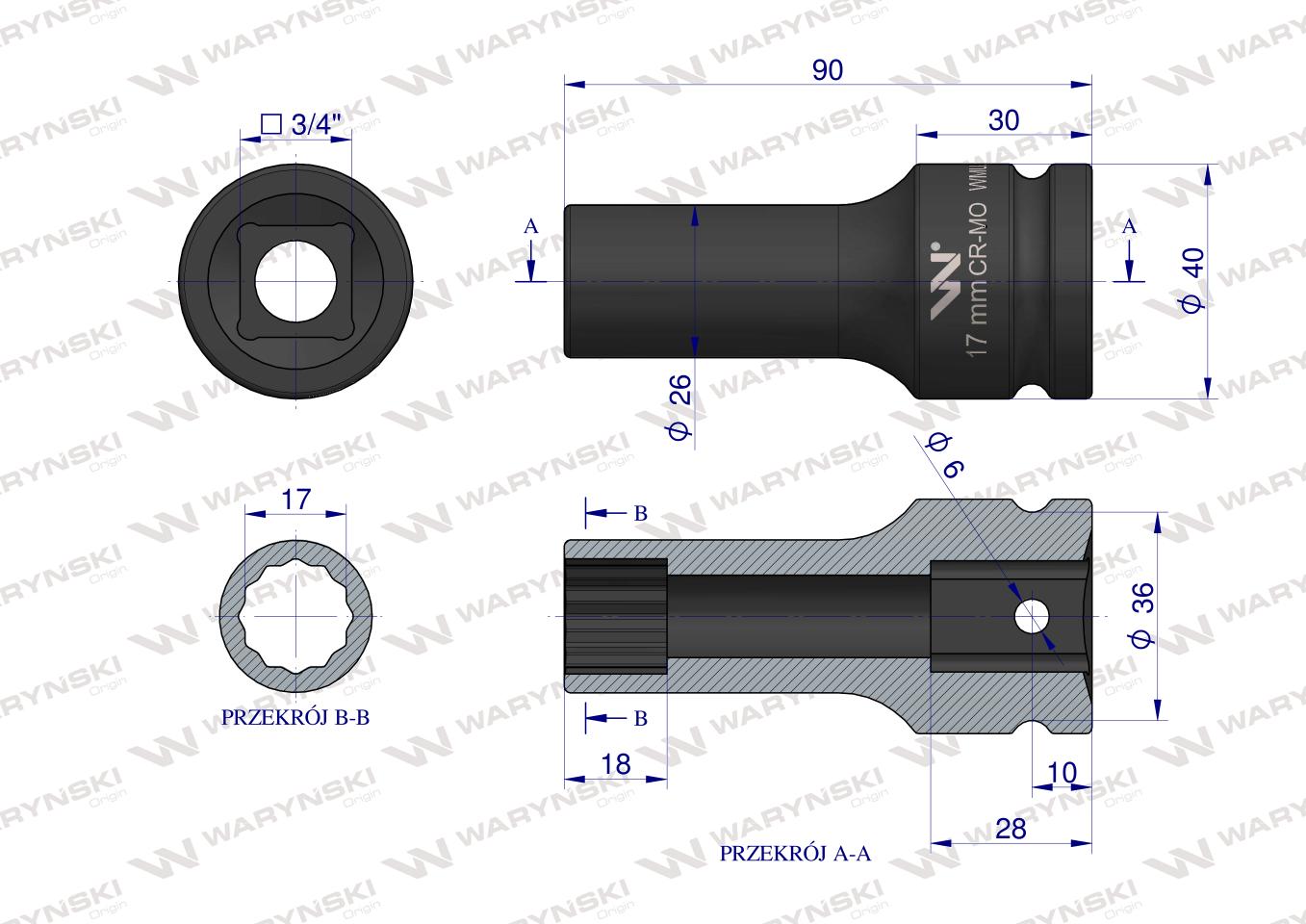 Nasadka udarowa 3/4" dwunastokątna ze stali CrMo 17mm bardzo długa D90 SLIM Waryński