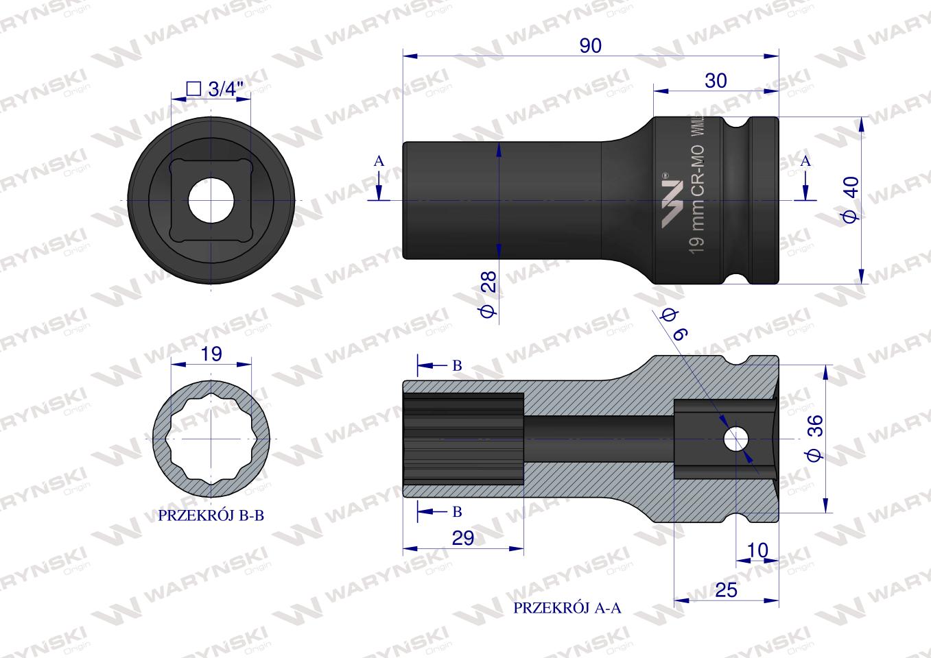 Nasadka udarowa 3/4" dwunastokątna ze stali CrMo 19mm bardzo długa D90 SLIM Waryński