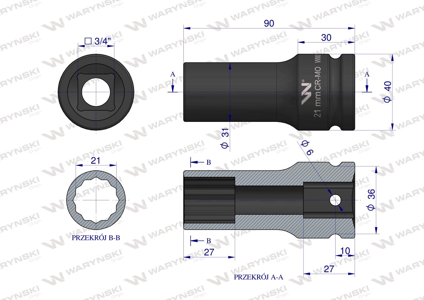 Nasadka udarowa 3/4" dwunastokątna ze stali CrMo 21mm bardzo długa D90 SLIM Waryński