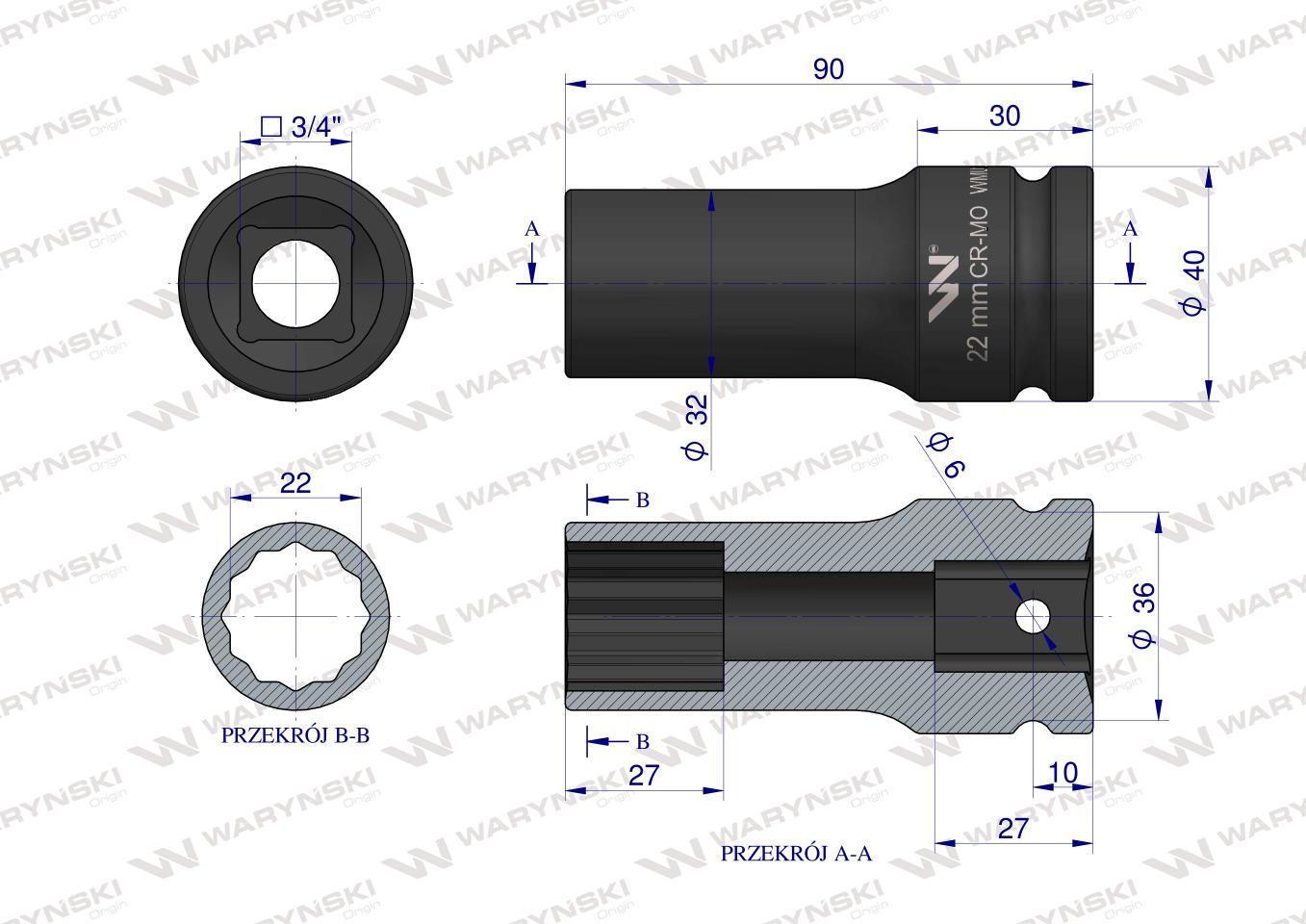 Nasadka udarowa 3/4" dwunastokątna ze stali CrMo 22mm bardzo długa D90 SLIM Waryński