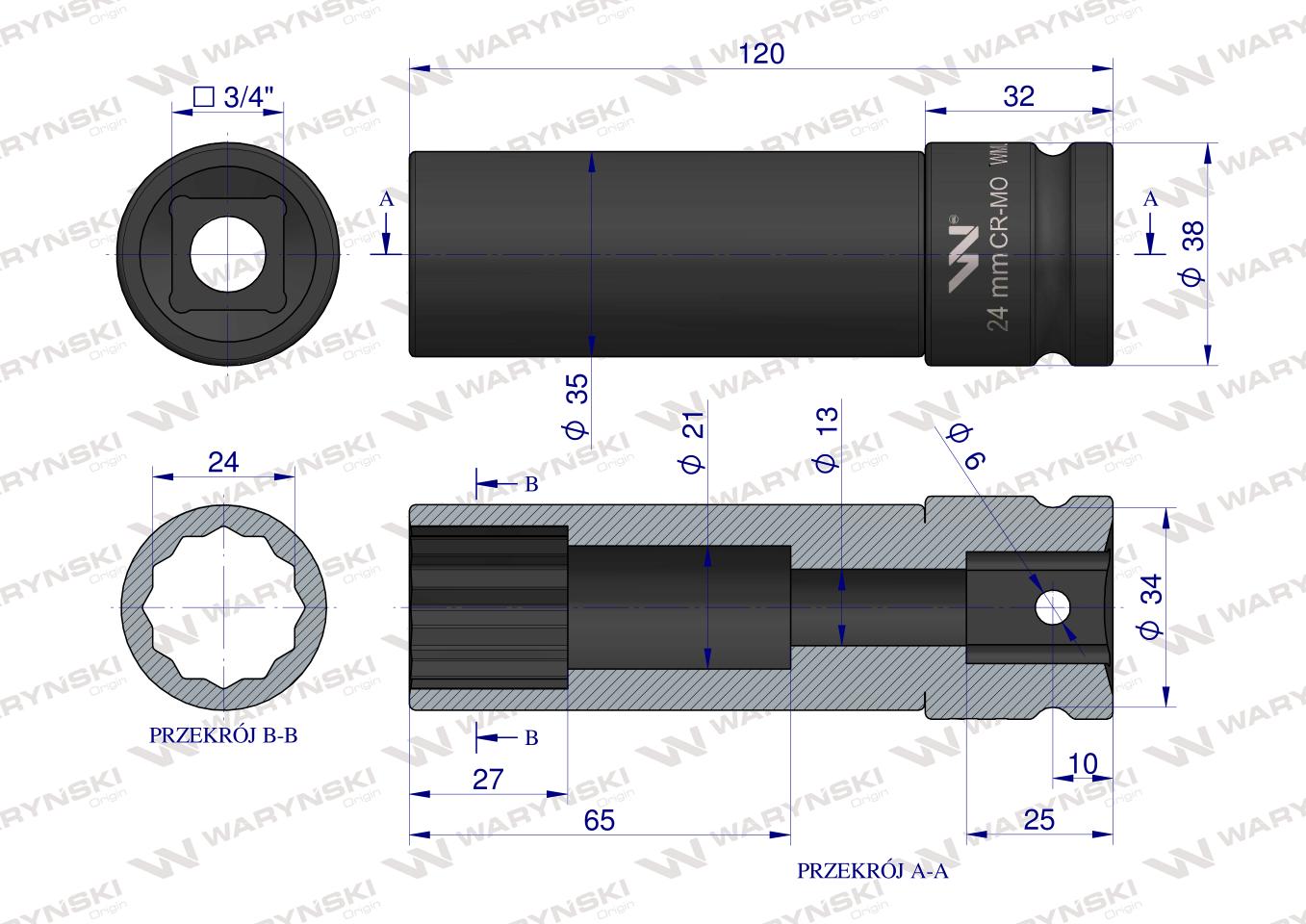 Nasadka udarowa 3/4" dwunastokątnaze stali CrMo 24mm bardzo długa D120 SLIM Waryński
