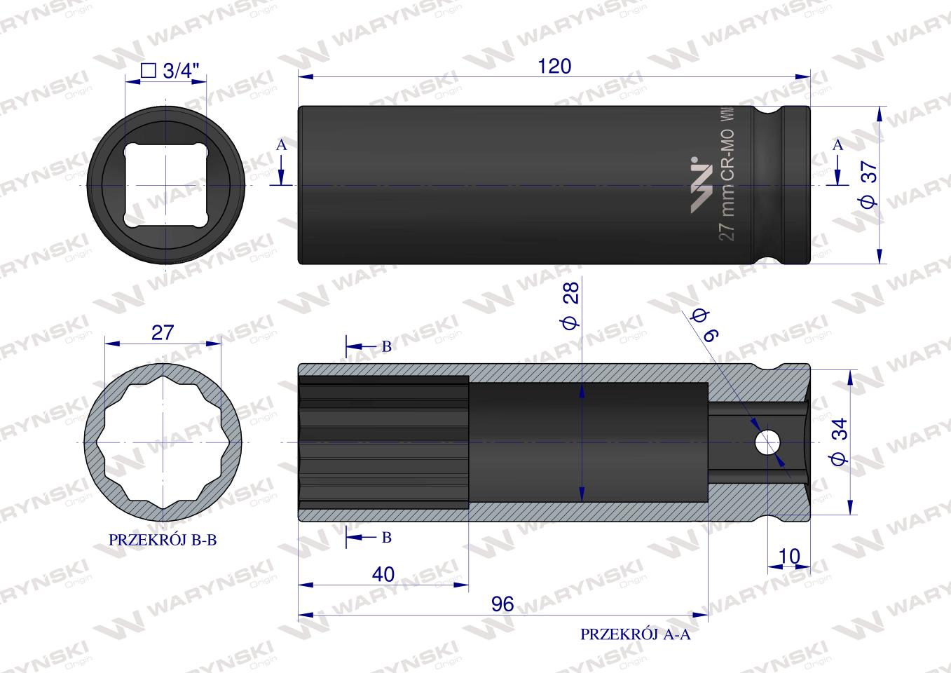 Nasadka udarowa 3/4" dwunastokątnaze stali CrMo 27mm bardzo długa D120 SLIM Waryński