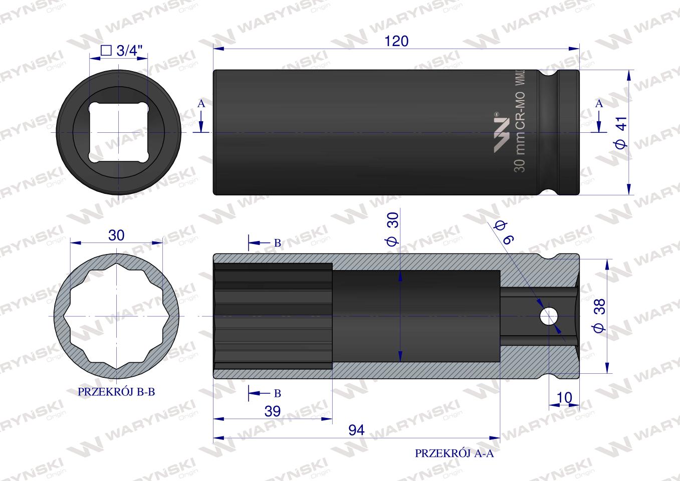 Nasadka udarowa 3/4" dwunastokątna ze stali CrMo 30mm bardzo długa D120 SLIM Waryński