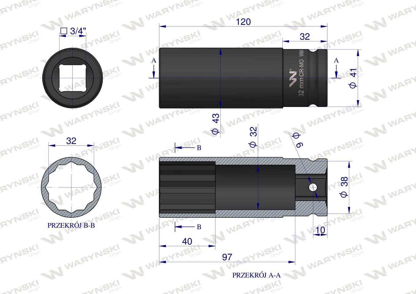 Nasadka udarowa 3/4" dwunastokątna ze stali CrMo 32mm bardzo długa D120 SLIM Waryński