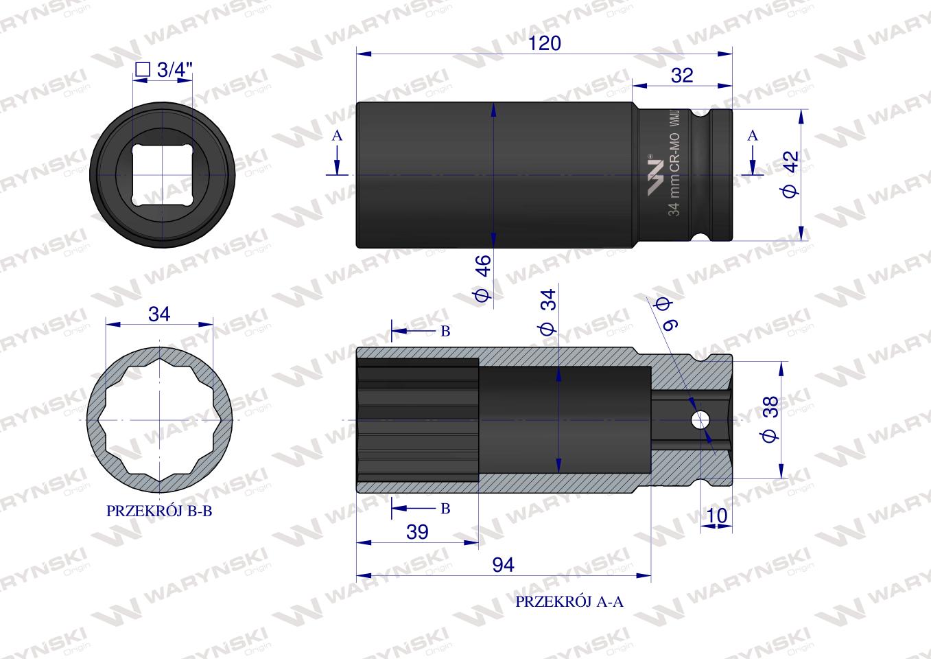 Nasadka udarowa 3/4" dwunastokątna ze stali CrMo 34mm bardzo długa D120 SLIM Waryński