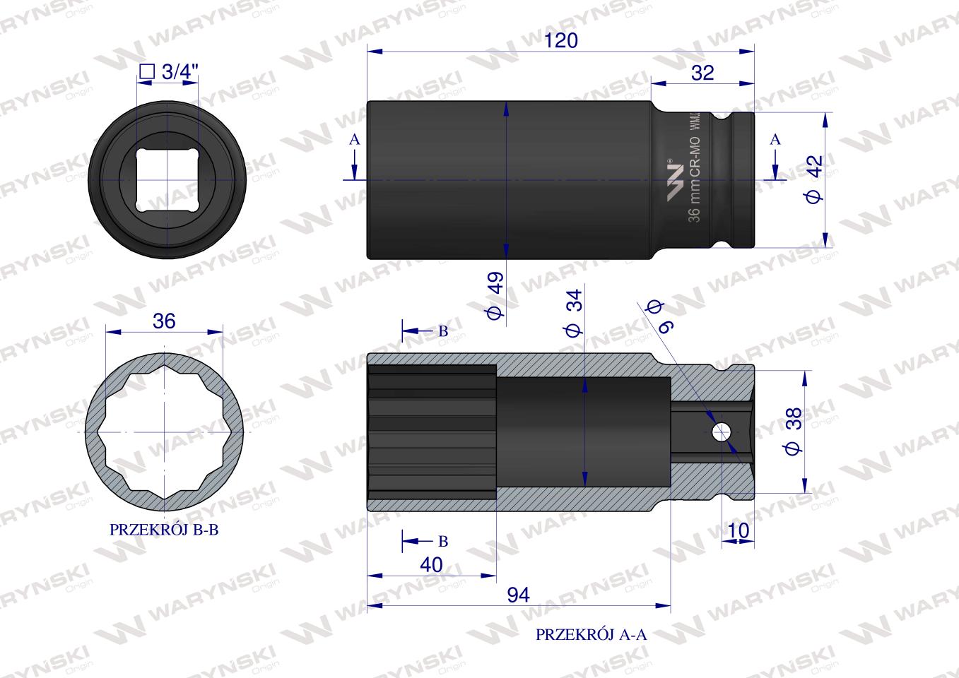 Nasadka udarowa 3/4" dwunastokątna ze stali CrMo 36mm bardzo długa D120 SLIM Waryński