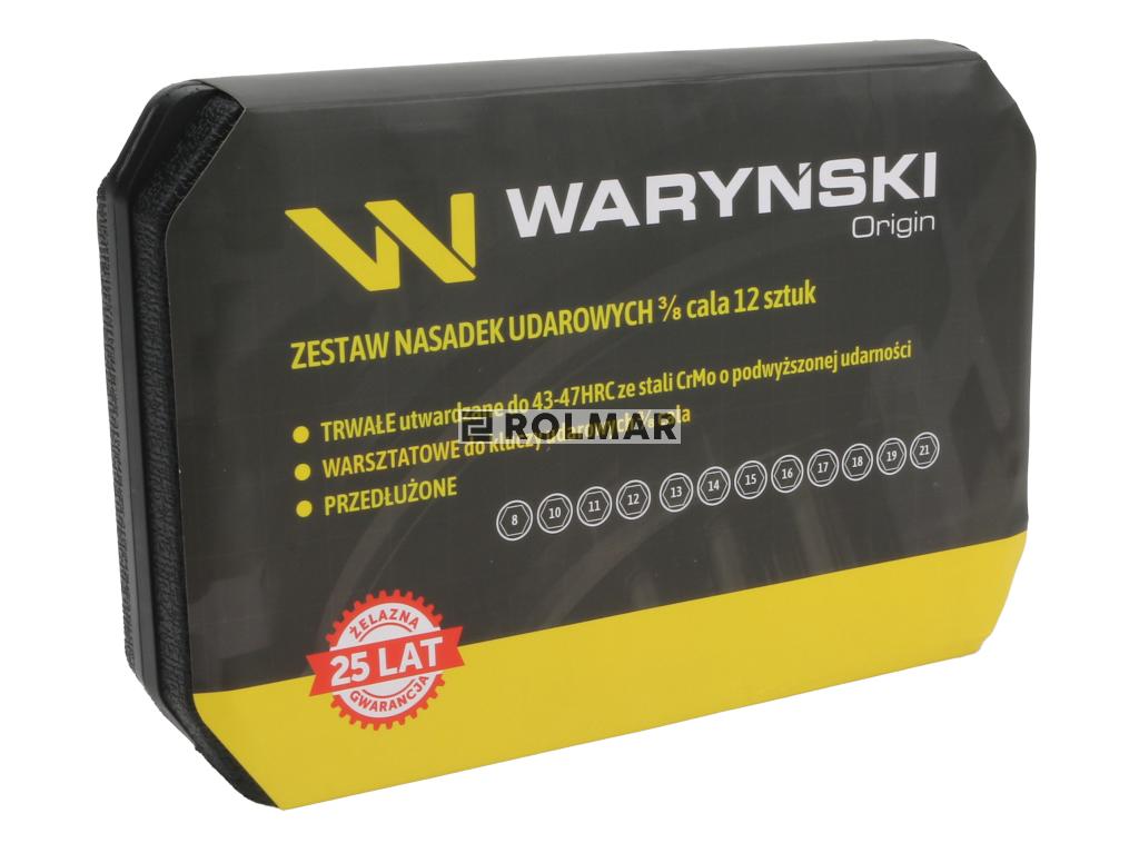 Zestaw nasadek udarowych, 3/8 cala przedłużanych z utwardzanej stali stopowej CrMo 12 el., do prac w mechanice pojazdowej, warsztatowych, konstrukcyjnych, Waryński