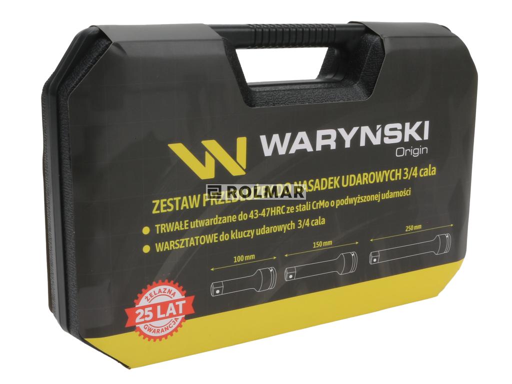 Zestaw przedłużek do nasadek udarowych, 3/4 cala 100 150 i 250 mm z utwardzanej stali stopowej CrMo 3 el., do prac w mechanice pojazdowej, warsztatowych, konstrukcyjnych, Waryński