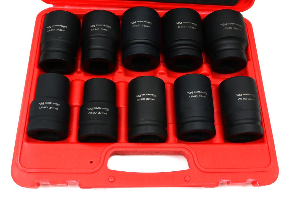 Zestaw nasadek udarowych  1"  10 cz. 24. 27. 30. 32. 33. 34 .36. 38. 41. 46  mm ze stali CrMo DIN 3129 Waryński