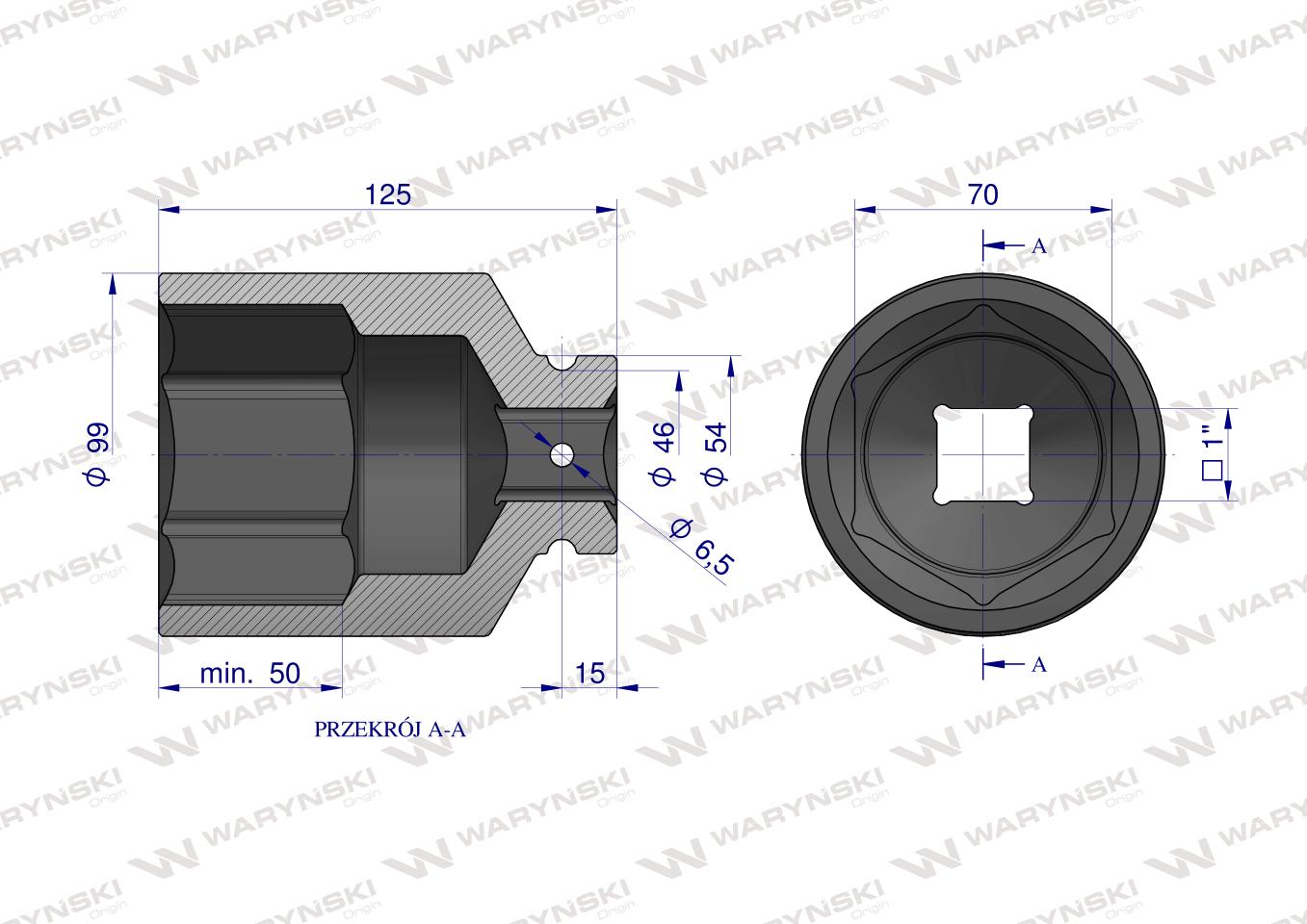 Nasadka udarowa, sześciokątna 1" bardzo długa 70mm CrMo d.125mm, Waryński