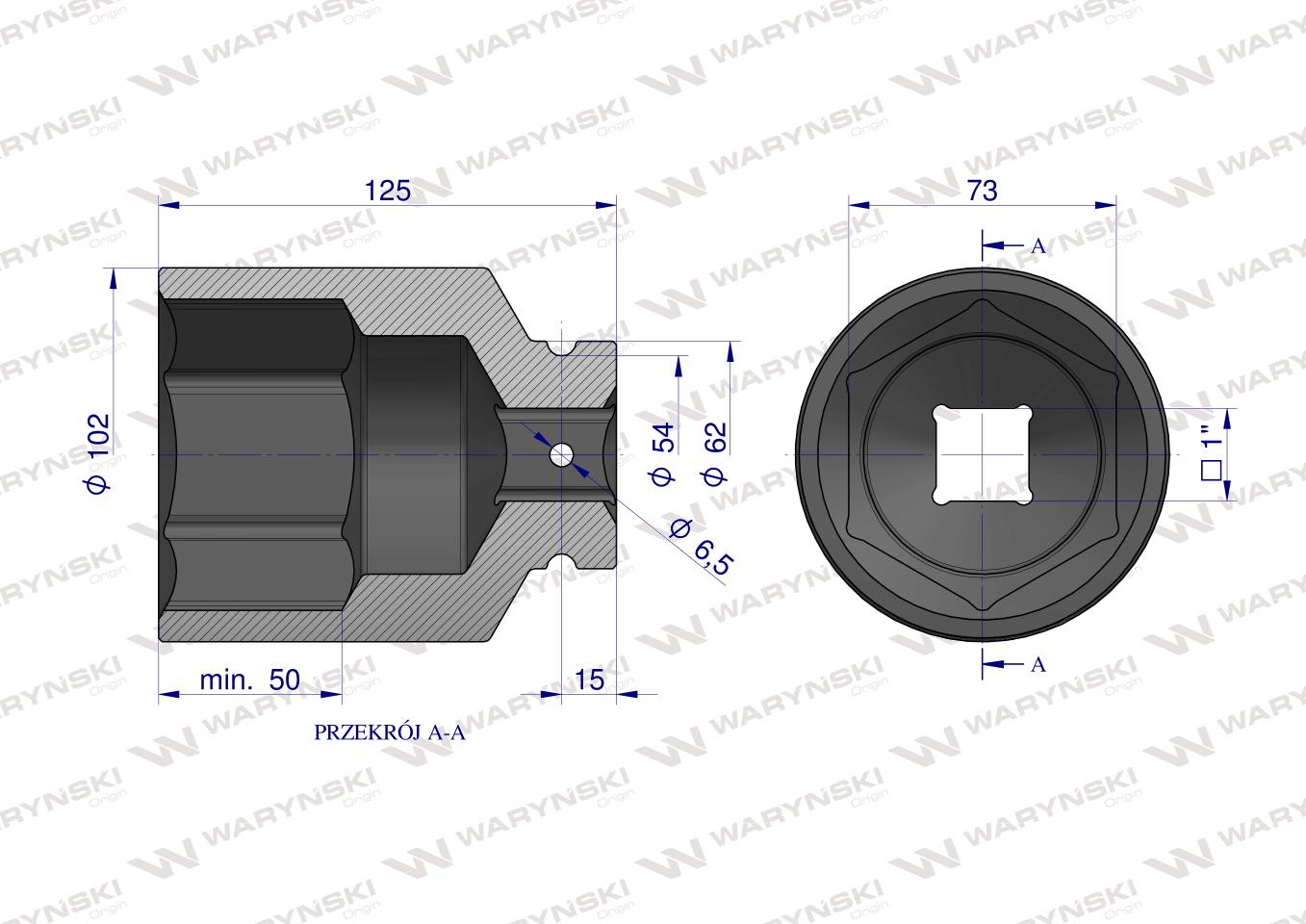 Nasadka udarowa, sześciokątna 1" bardzo długa 73mm CrMo d.125mm, Waryński