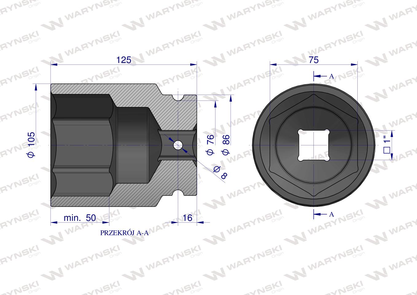 Nasadka udarowa, sześciokątna 1" bardzo długa 75mm CrMo d.125mm, Waryński