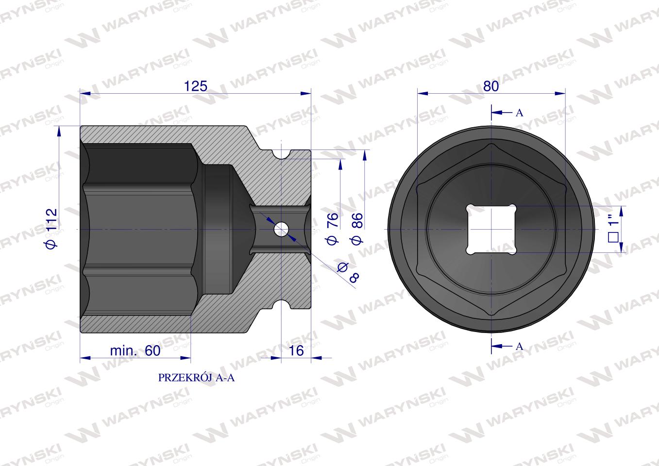 Nasadka udarowa, sześciokątna 1" bardzo długa 80mm CrMo d.125mm, Waryński