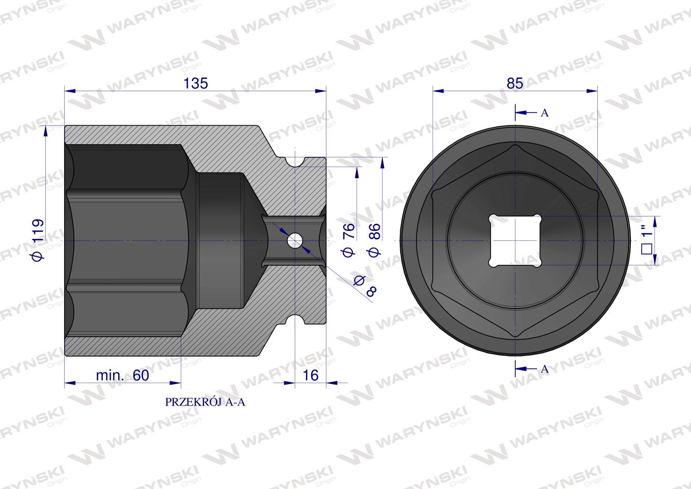 Nasadka udarowa, sześciokątna 1" bardzo długa 85mm CrMo d.135mm, Waryński