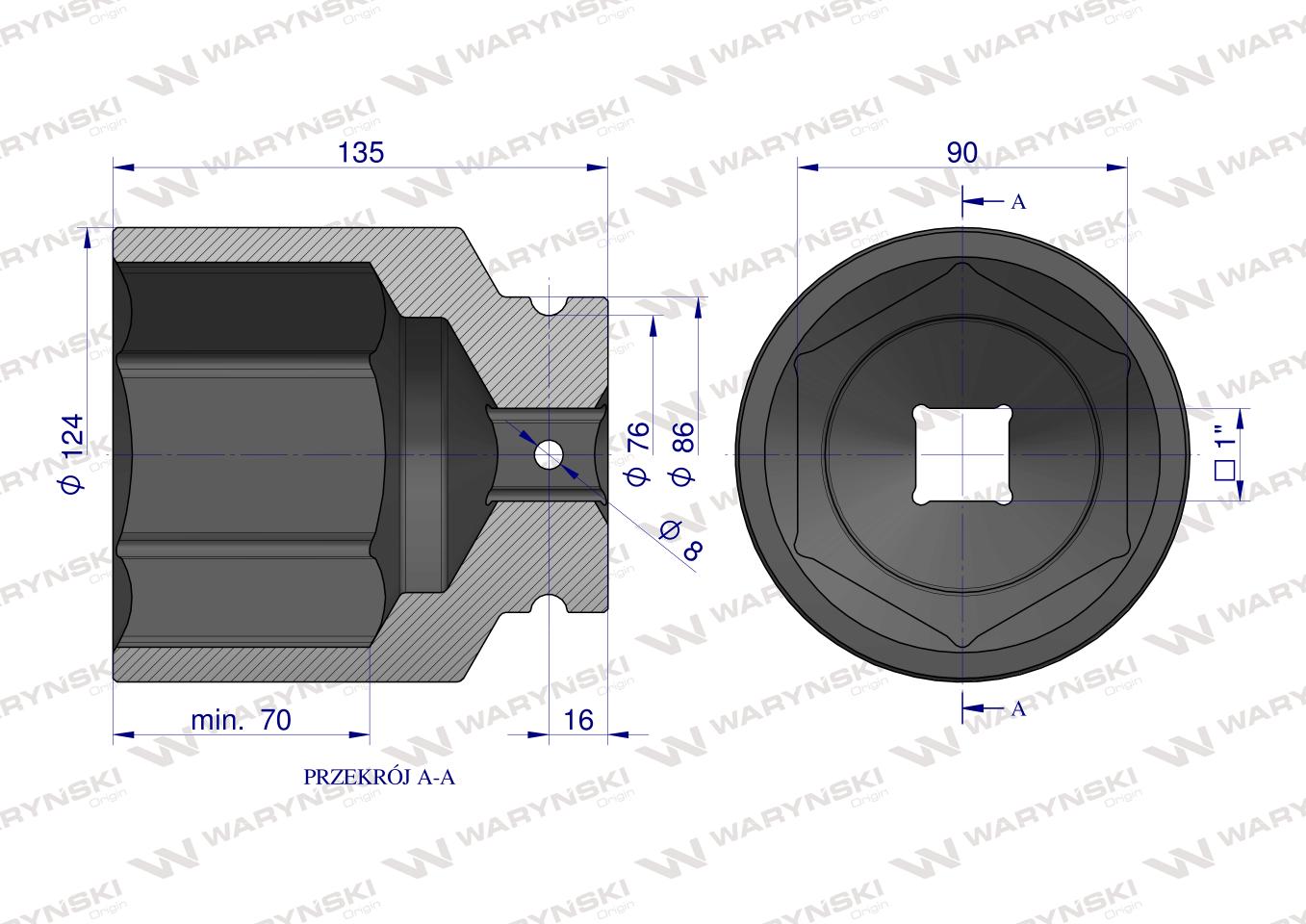 Nasadka udarowa, sześciokątna 1" bardzo długa 90mm CrMo d.135mm, Waryński
