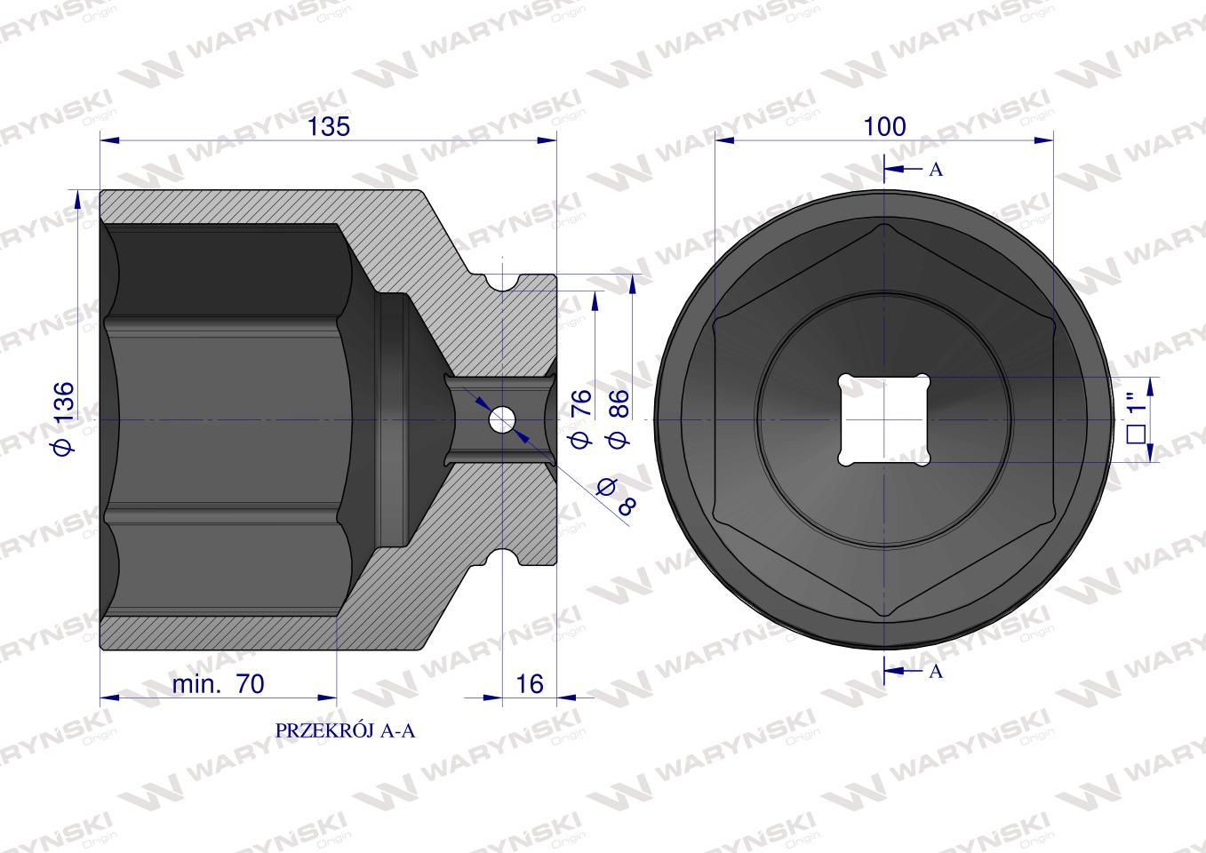 Nasadka udarowa, Sześciokątna 1" bardzo długa 100mm CrMo d.135mm, Waryński