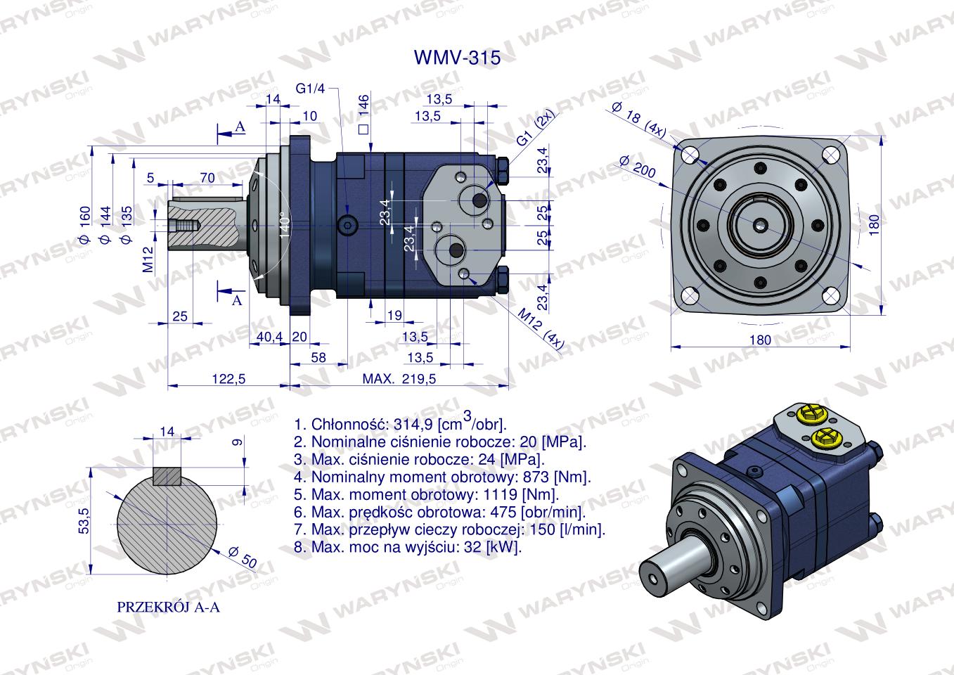 Silnik hydrauliczny orbitalny WMV 315 cm3/obr (200 bar / max.280 bar) Waryński