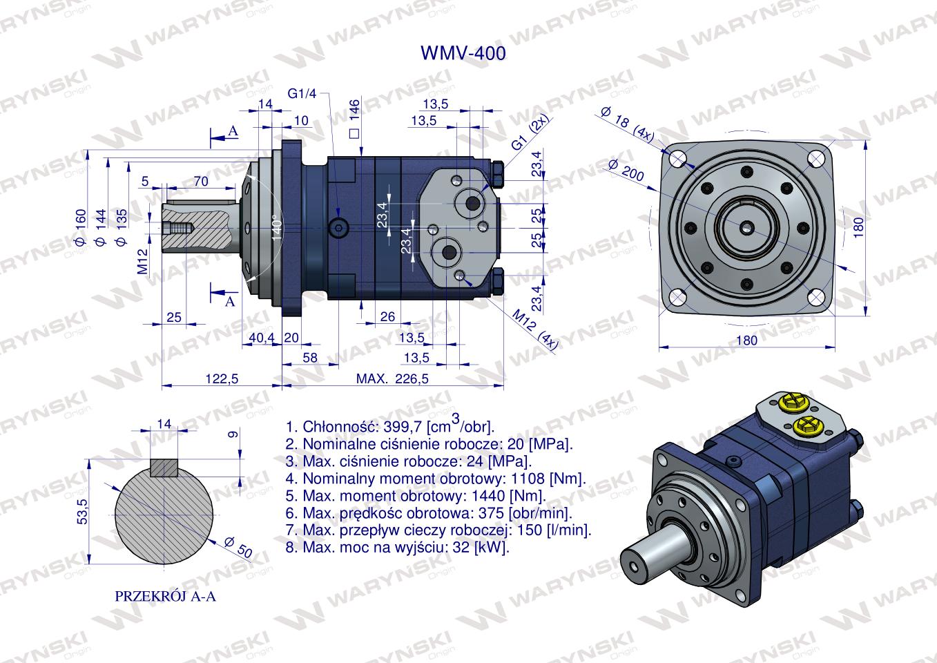 Silnik hydrauliczny orbitalny WMV 400 cm3/obr (200 bar / max.280 bar) Waryński