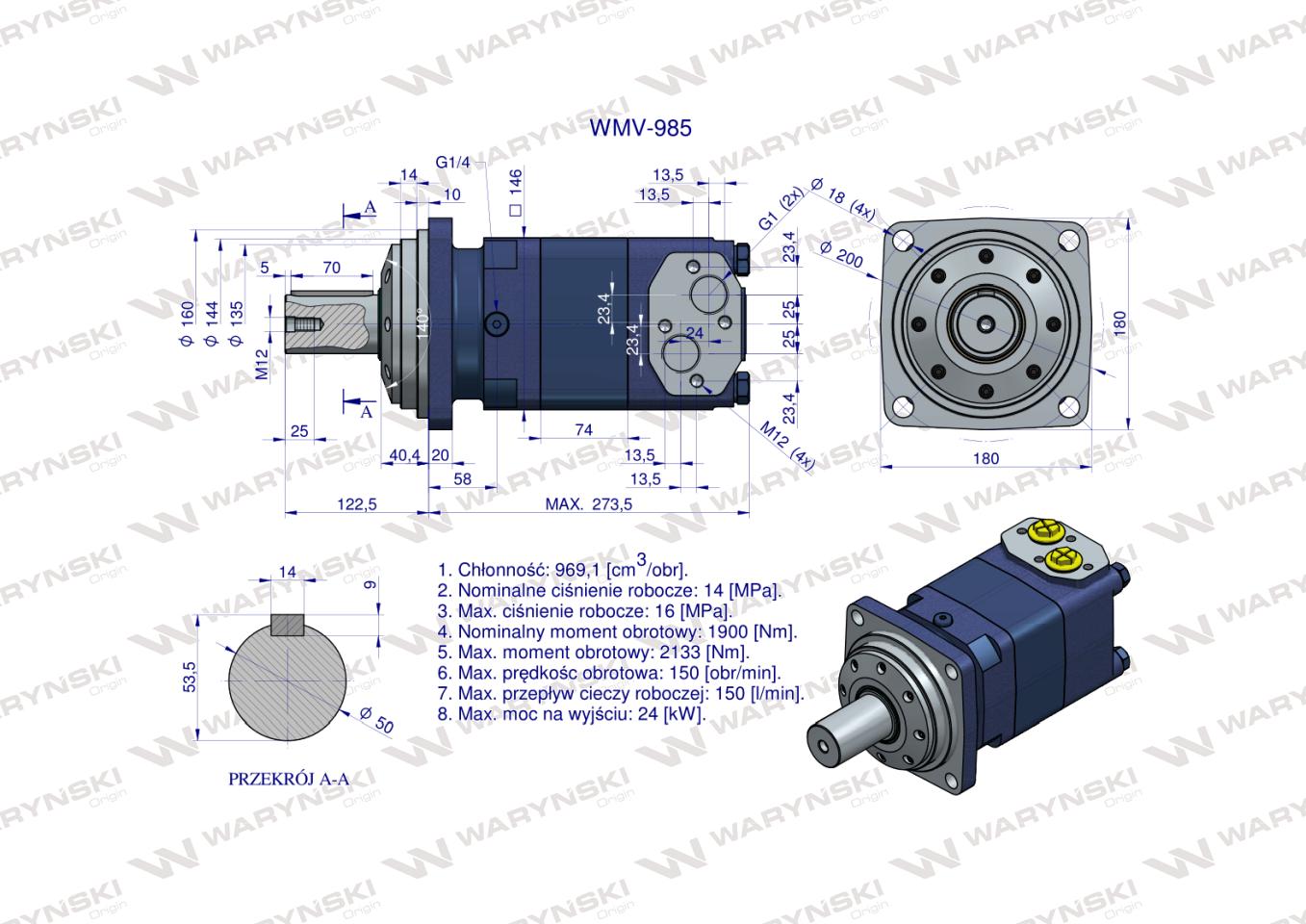 Silnik hydrauliczny orbitalny WMV 985 cm3/obr (140 bar / max.180 bar) Waryński