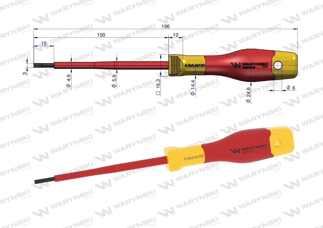 Wkrętak płaski. izolowany 3 x 100 mm. VDE. stal S2, Waryński