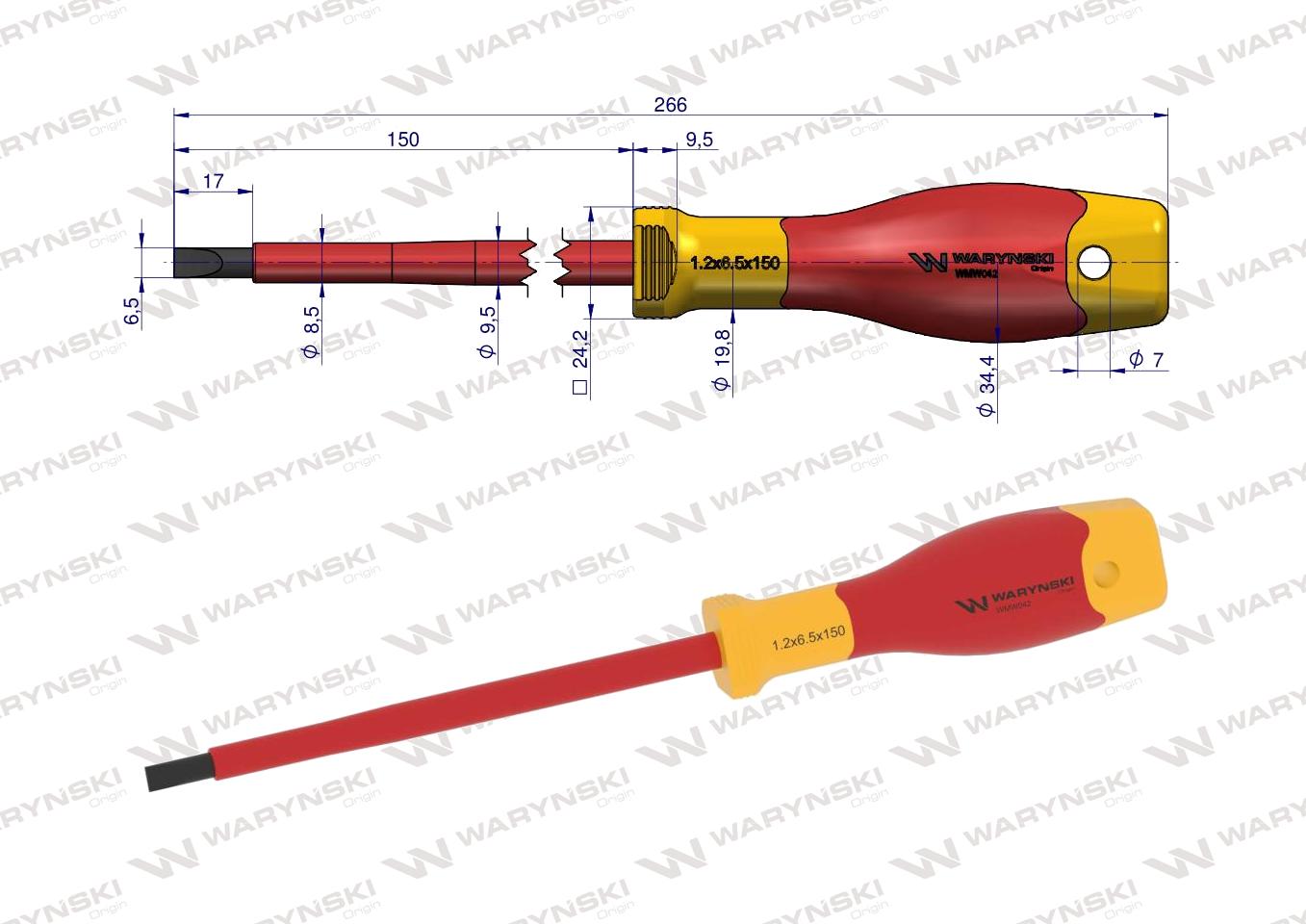 Wkrętak  płaski izolowany 6 x 150 mm. VDE, stal S2, Waryński