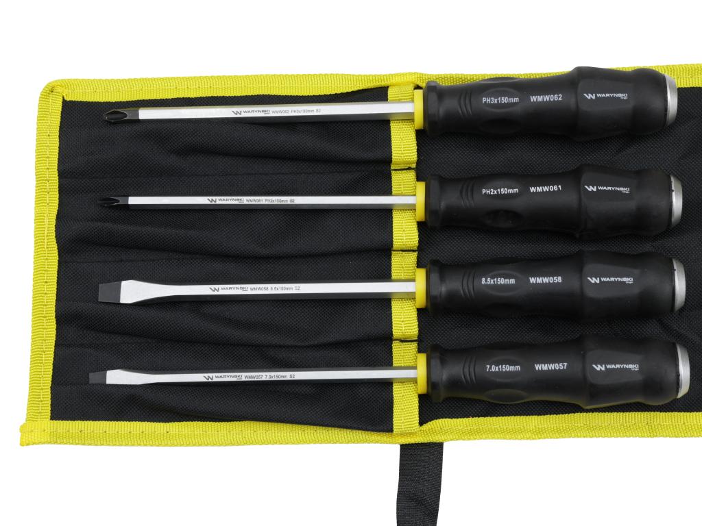 Zestaw wkrętaków, 150mm ze stali S2 w pokrowcu 4 szt., Waryński