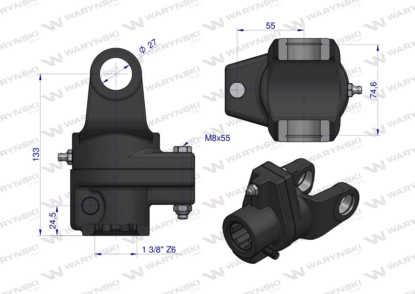 Sprzęgło na kołek wału Seria 3R 1300Nm - 27x75 - 1 3/8 Z6 WARYŃSKI
