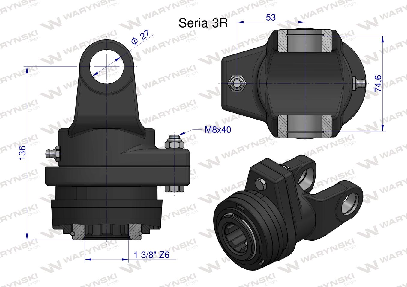 Sprzęgło na kołek wału Seria 3R 1700Nm - 27x75 - 1 3/8 Z6 WARYŃSKI