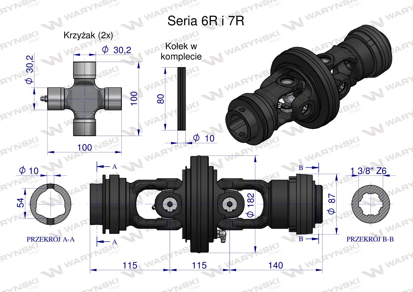 Przegub szerokokątny kpl. wału Seria 6R 7R 8R 9R na rurę 54X4 - 1 3/8 Z6 WARYŃSKI