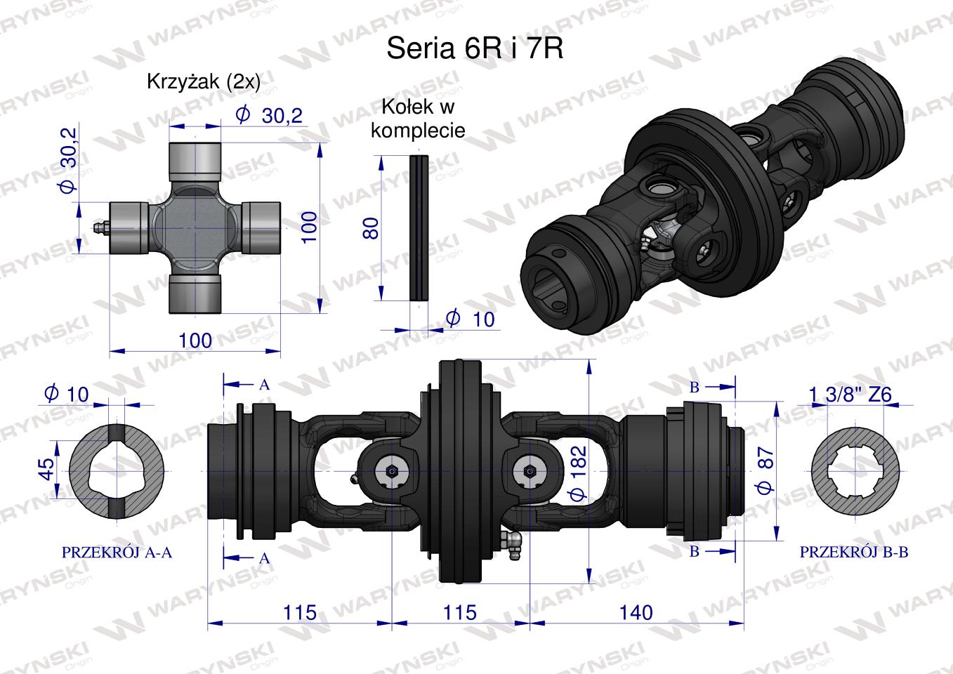 Przegub szerokokątny kpl. wału Seria 6R 7R na rurę 45x5.5 - 1 3/8 Z6 WARYŃSKI