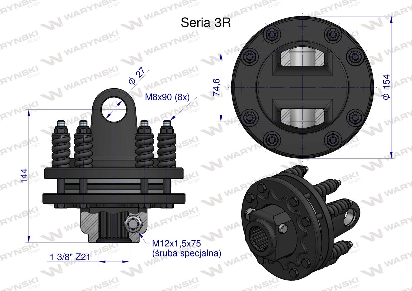 Sprzęgło cierne 2 tarczowe wału Seria 3R 900Nm - 27x75 - 1 3/8 Z21 WARYŃSKI