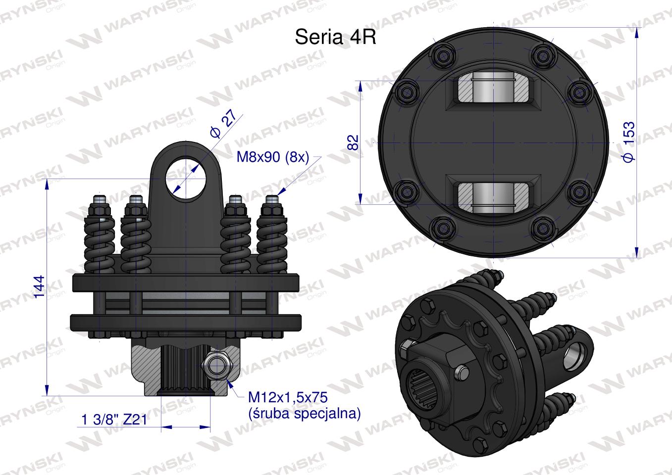 Sprzęgło cierne 2 tarczowe wału Seria 4R 900Nm - 27x82 - 1 3/8 Z21 WARYŃSKI