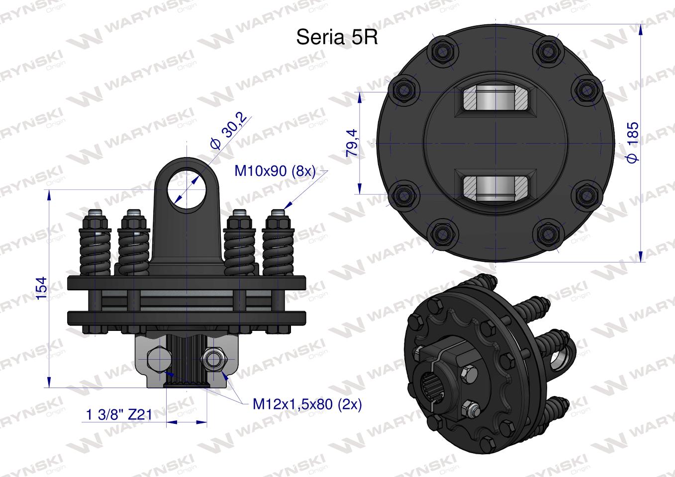 Sprzęgło cierne 2 tarczowe wału Seria 5R 1200Nm - 30x80 - 1 3/8 Z21 WARYŃSKI