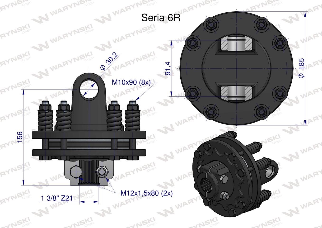 Sprzęgło cierne 2 tarczowe wału Seria 6R 1200Nm - 30x92 - 1 3/8 Z21 WARYŃSKI