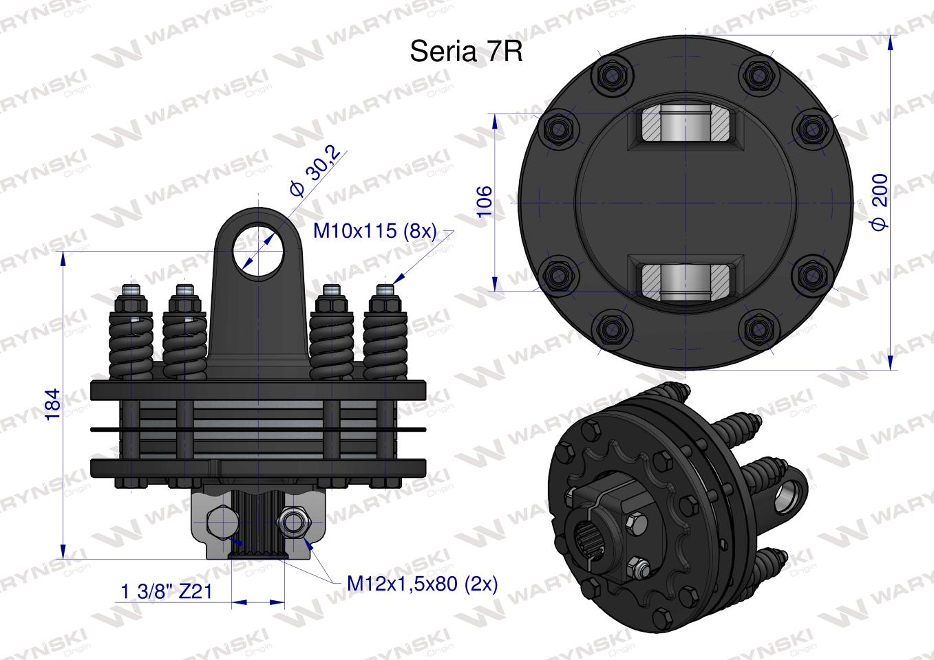 Sprzęgło cierne 4 tarczowe wału Seria 7R 1700Nm - 30x106 - 1 3/8 Z21 WARYŃSKI