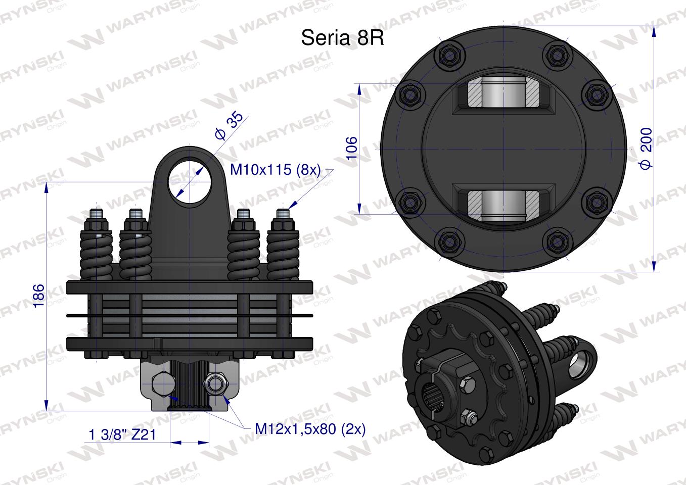 Sprzęgło cierne 4 tarczowe wału Seria 8R 1700Nm - 35x106 - 1 3/8 Z21 WARYŃSKI