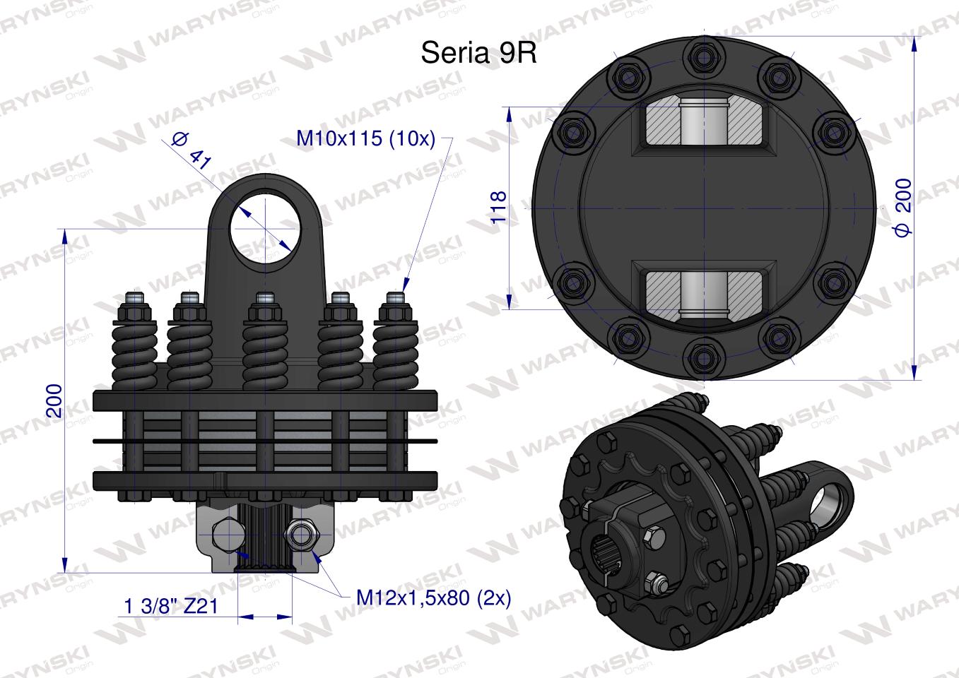 Sprzęgło cierne 4 tarczowe wału Seria 9R 1700Nm - 41x118 - 1 3/8 Z21 WARYŃSKI