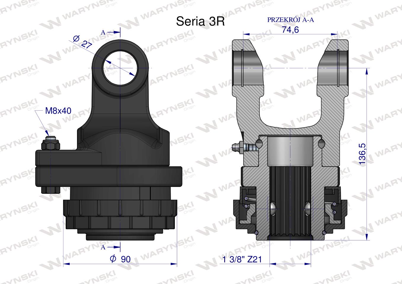 Sprzęgło na kołek wału Seria 3R 1700Nm - 27x75 - 1 3/8 Z21 WARYŃSKI