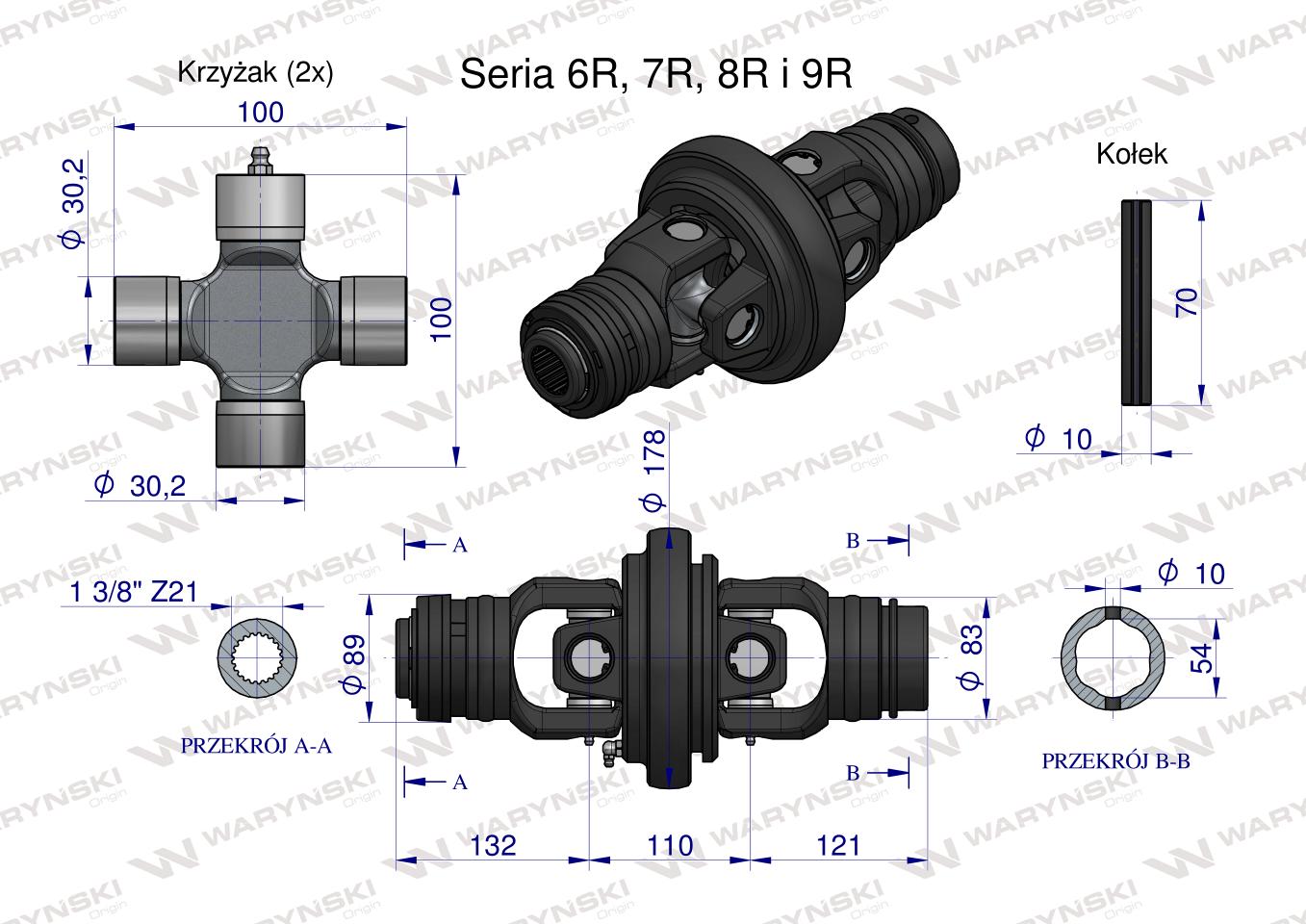 Przegub szerokokątny, kpl. wału Seria 6R 7R 8R 9R na rurę 54X4 -  1 3/8 Z21, Waryński