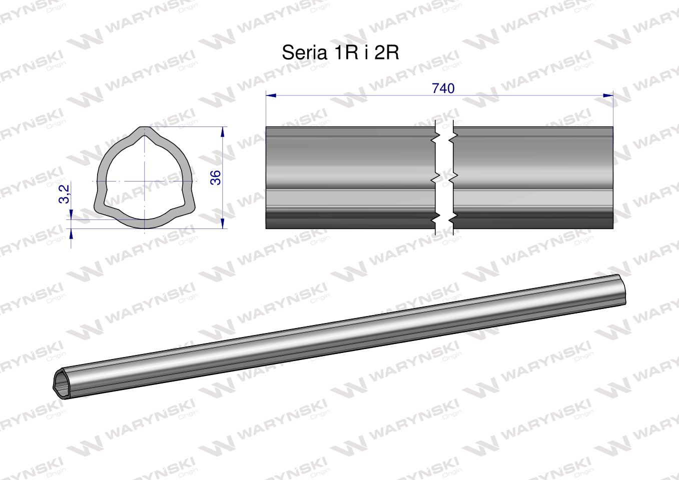 Rura wewnętrzna Seria 2R, rura zewnętrzna Seria 1R do wału 860 przegubowo-teleskopowego 36x3.2 mm 740 mm WARYŃSKI