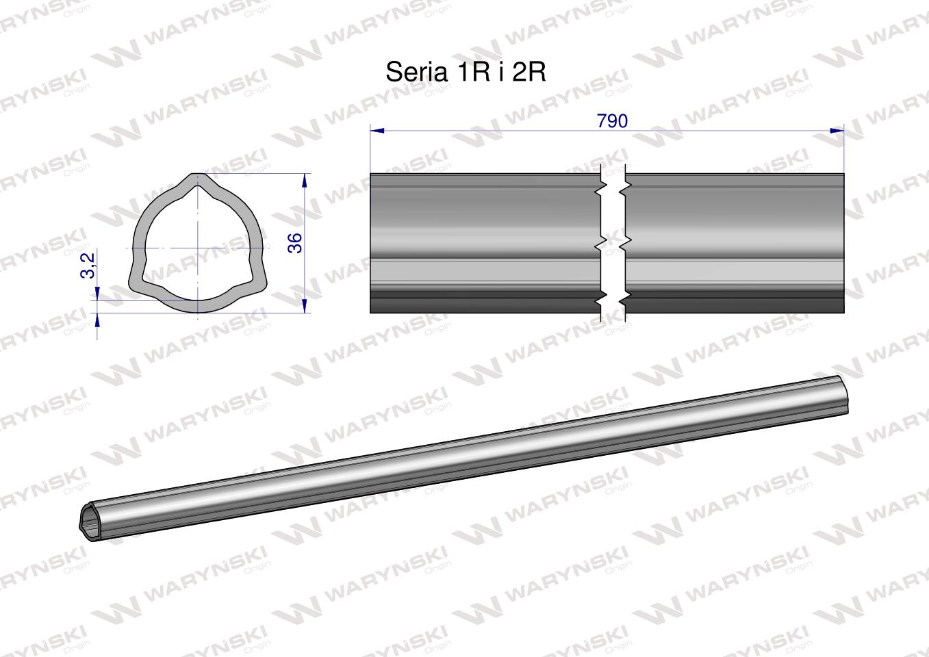 Rura wewnętrzna Seria 2R, rura zewnętrzna Seria 1R do wału 910 przegubowo-teleskopowego 36x3.2 mm 790 mm WARYŃSKI