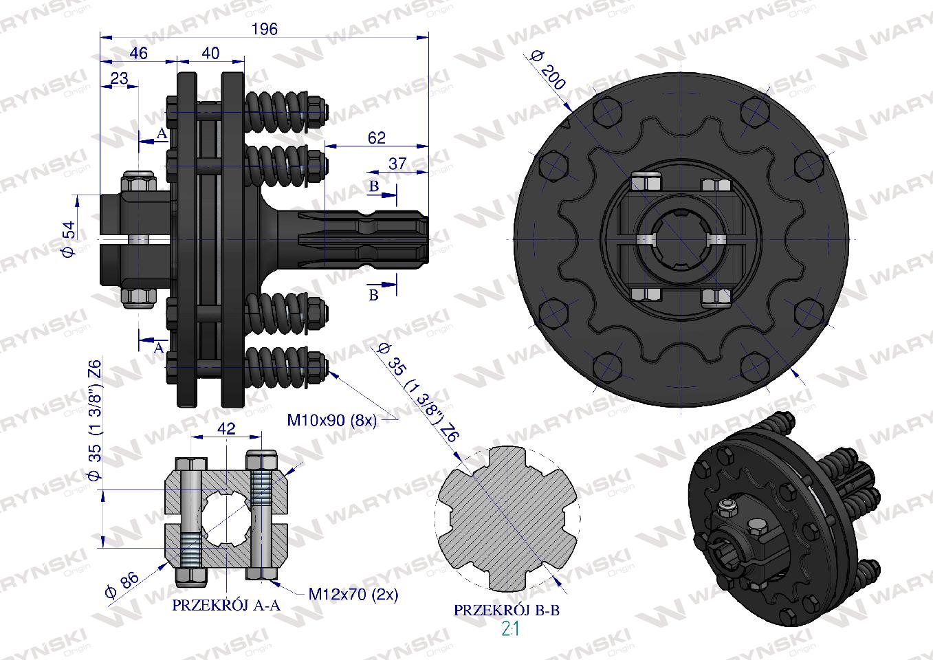 Sprzęgło zewnętrzne cierne wału 750Nm - 1 3/8 Z6 Waryński