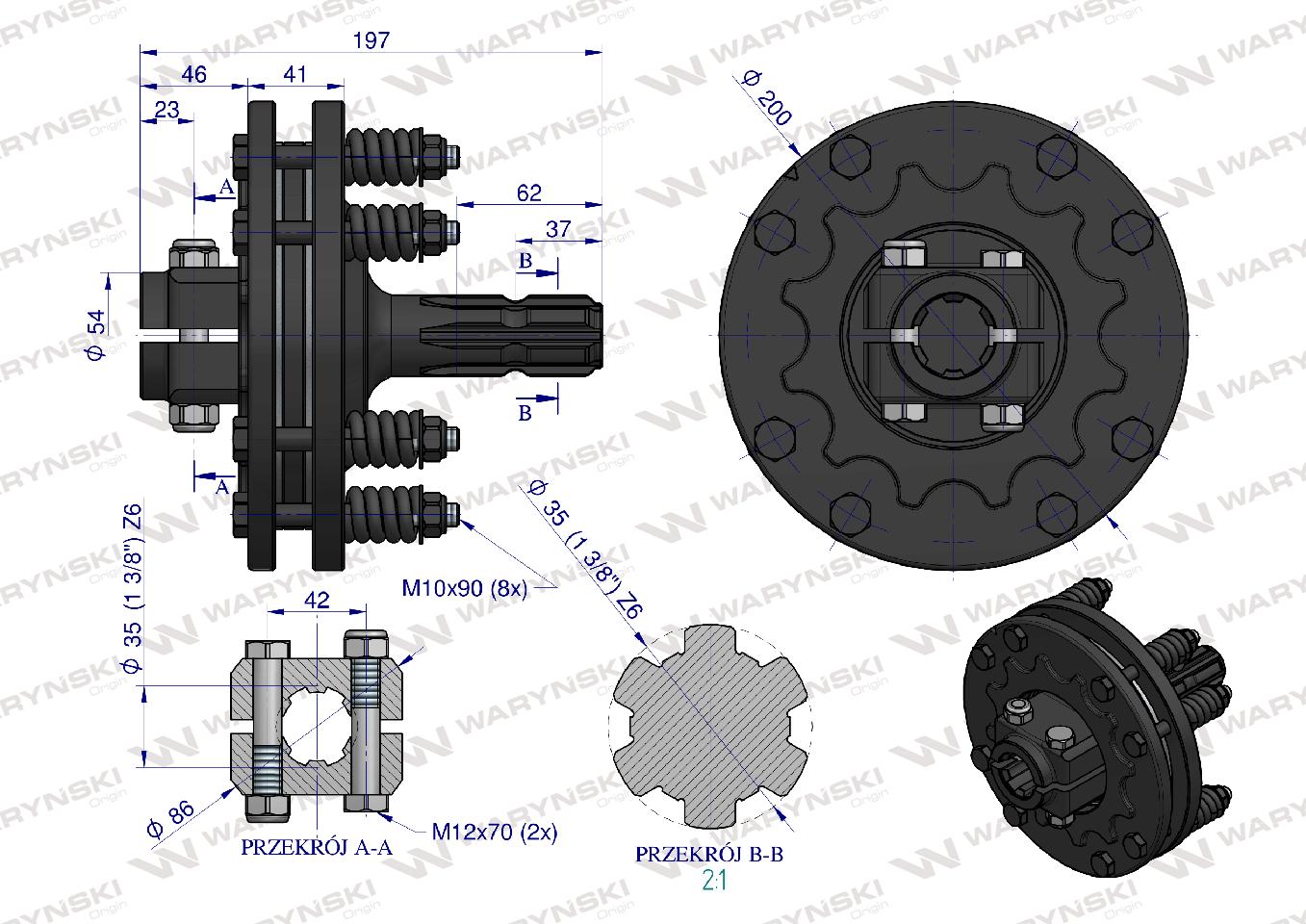 Sprzęgło zewnętrzne cierne wału 1200Nm - 1 3/8 Z6 Waryński