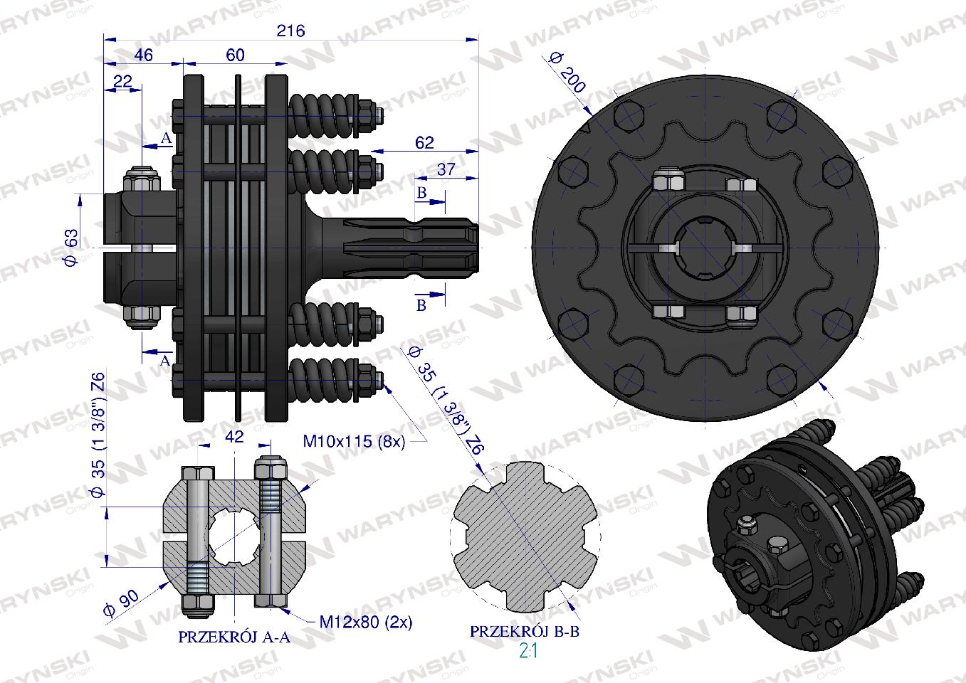 Sprzęgło zewnętrzne cierne wału 1700Nm - 1 3/8 Z6 Waryński